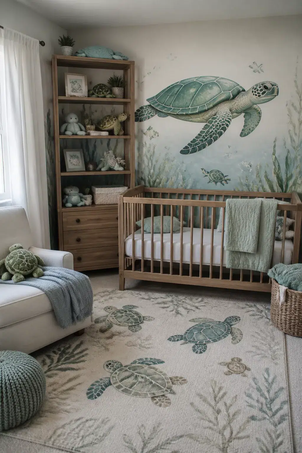 Sea turtle nursery with printed rug, wood crib, and plush toys — under the sea nursery ideas in sage and natural wood
