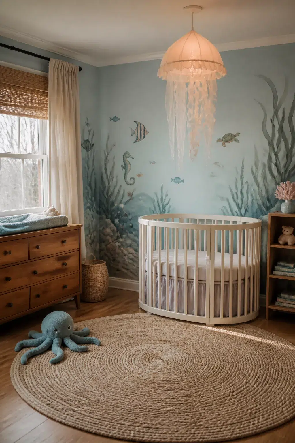 Under the sea nursery with jellyfish pendant light, ocean wall mural, round jute rug, and white oval crib