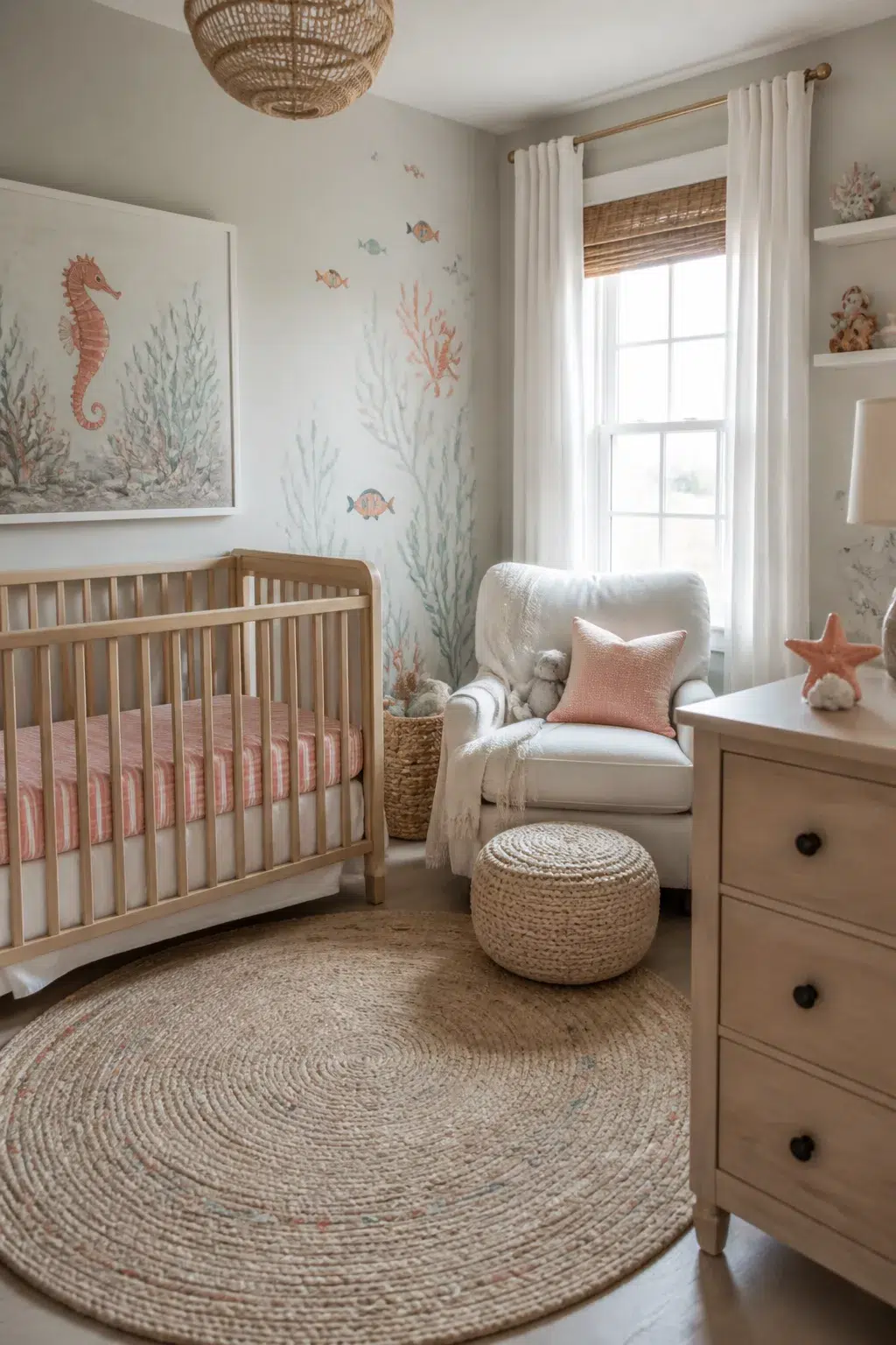 Coral and sand under the sea nursery ideas with blush crib bedding, jute rug, and watercolor seahorse wall art
