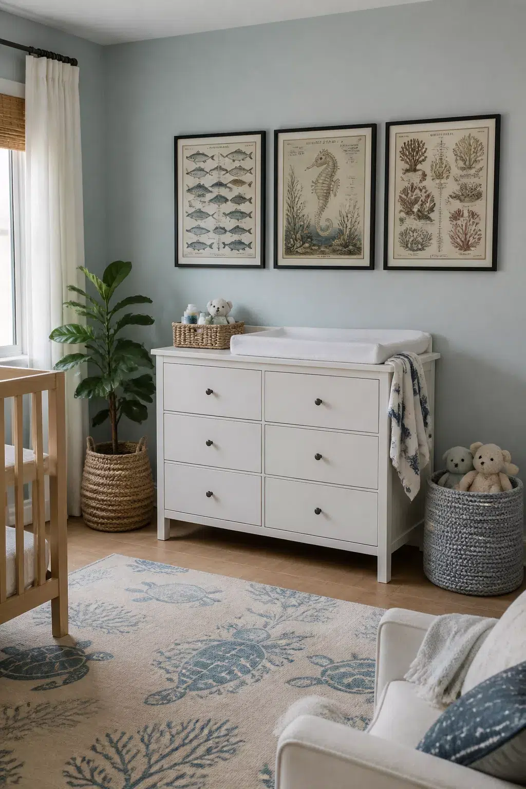 Framed vintage sea chart prints above white dresser in a soft blue under the sea nursery ideas room