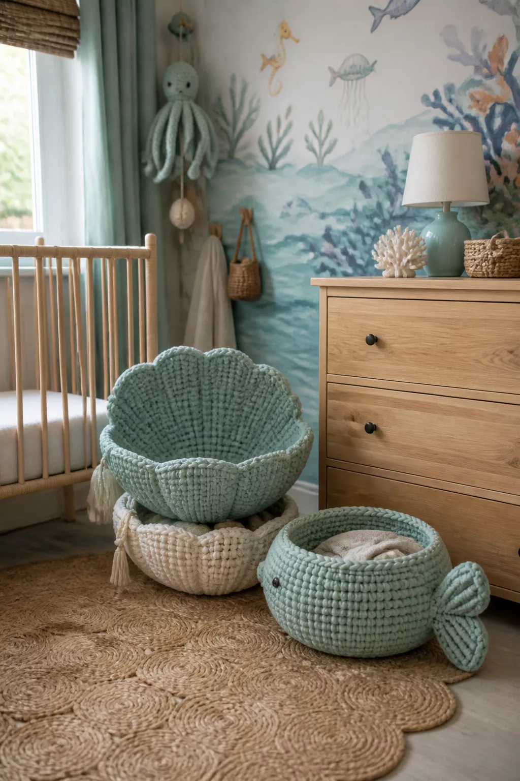 Crochet clam shell and fish baskets on a jute rug in an under the sea nursery ideas setting