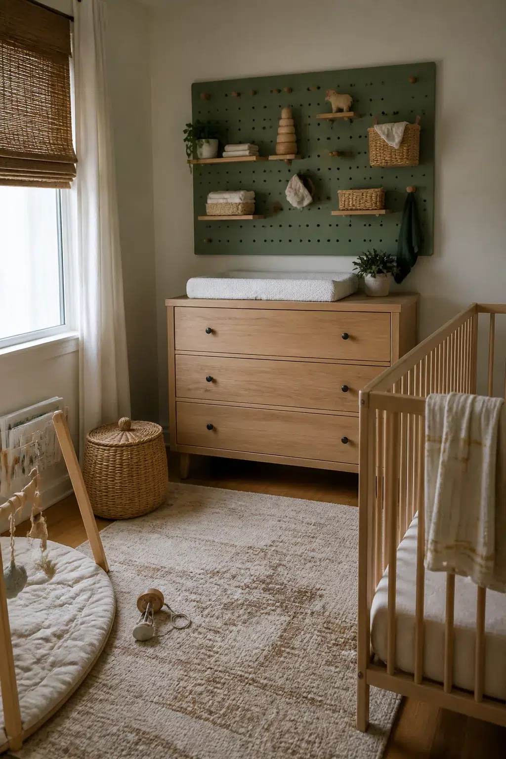 Sage green pegboard organizer wall above wood dresser in a unisex small room nursery layout