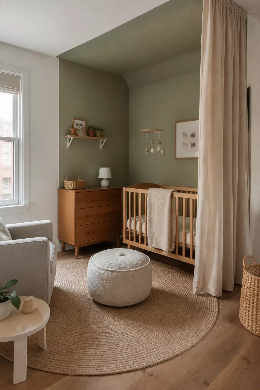 Curtain-divided nursery nook with walnut dresser and wood crib — unisex small room nursery layout idea