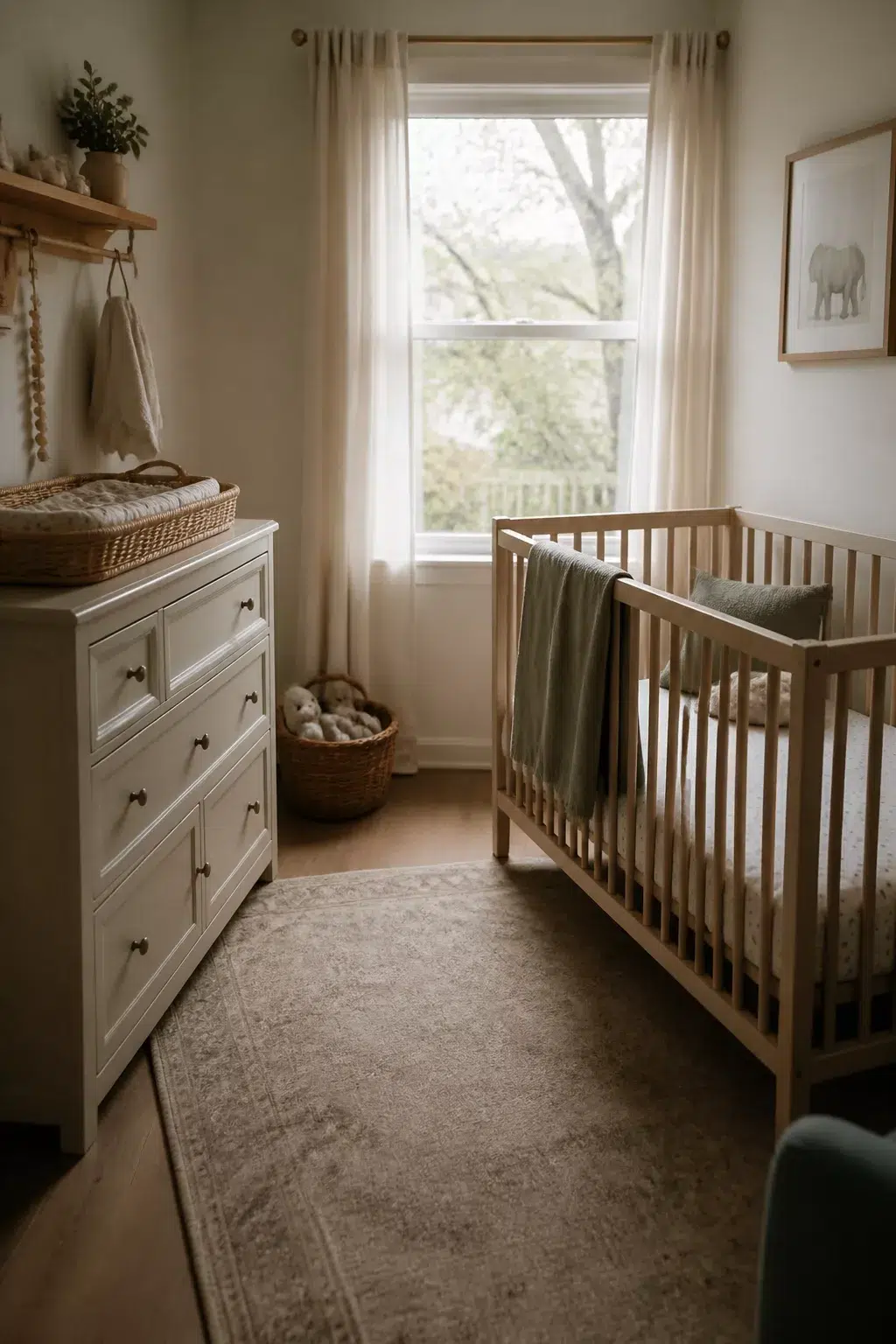 White dresser changer combo with natural wood crib — unisex small room nursery layout ideas