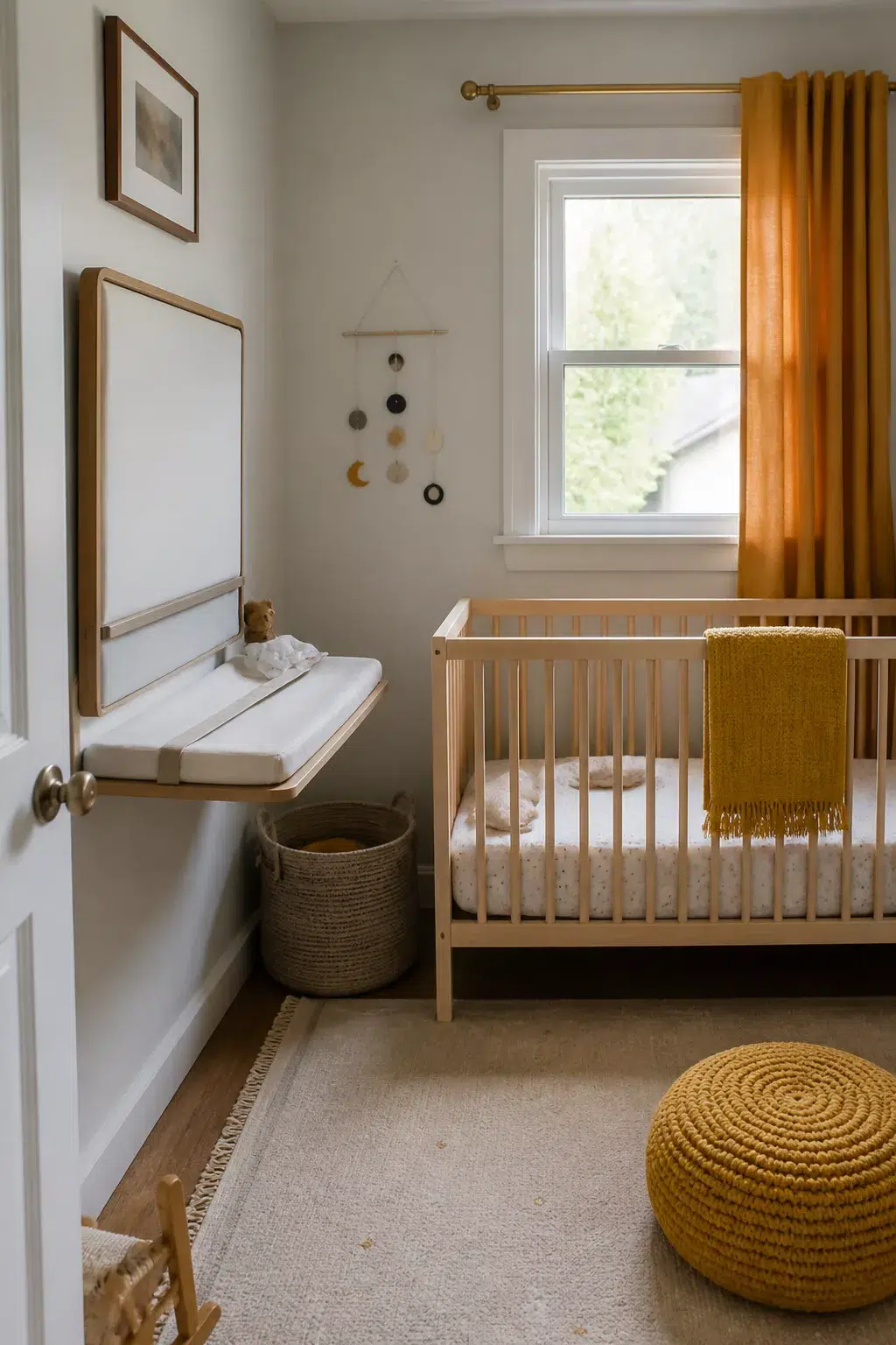 Fold-down wall-mounted changing station in a unisex small room nursery layout with mustard accents and natural wood crib