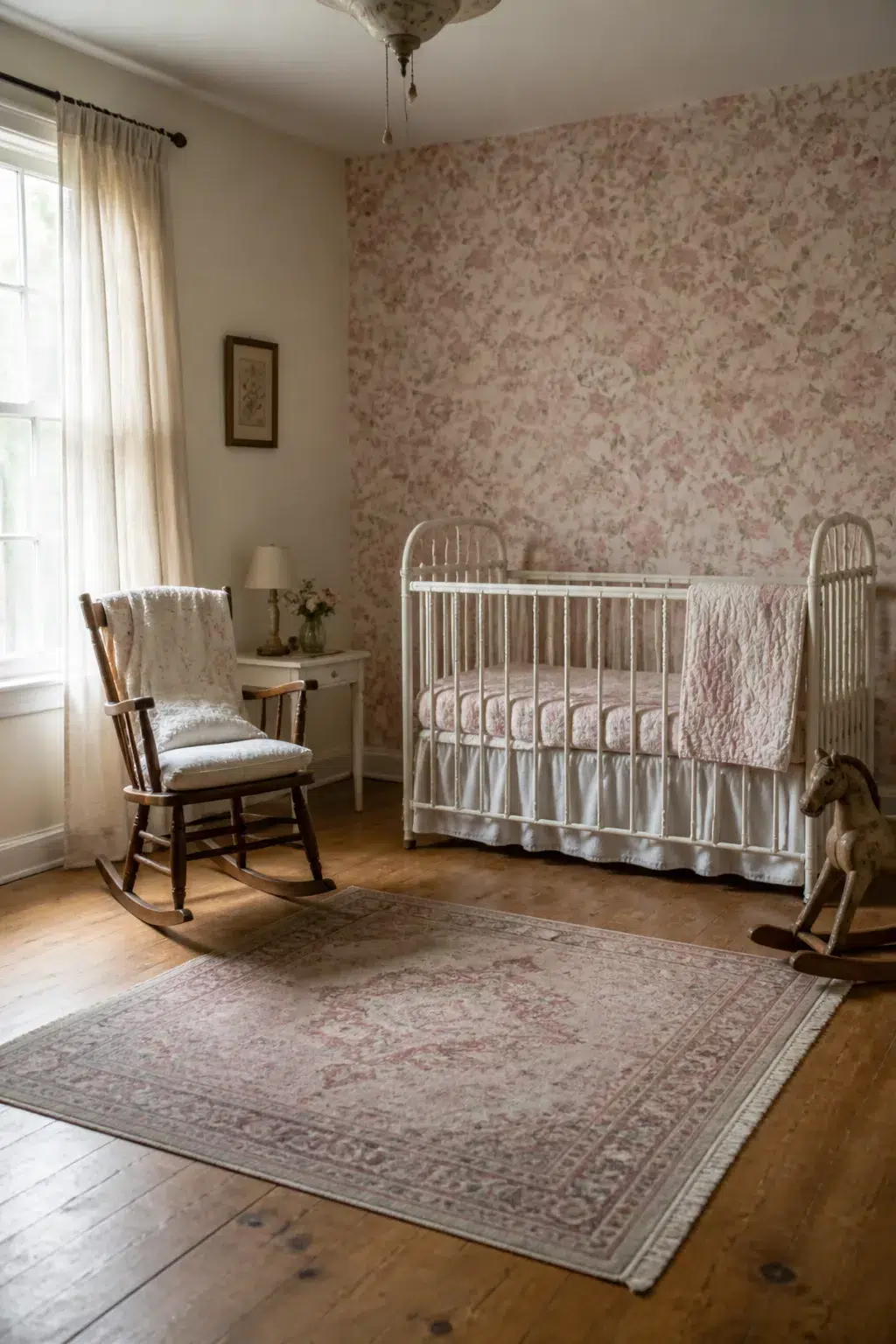 Vintage nursery design with faded pink floral wallpaper, white iron crib, and antique rocking chair on hardwood floors.