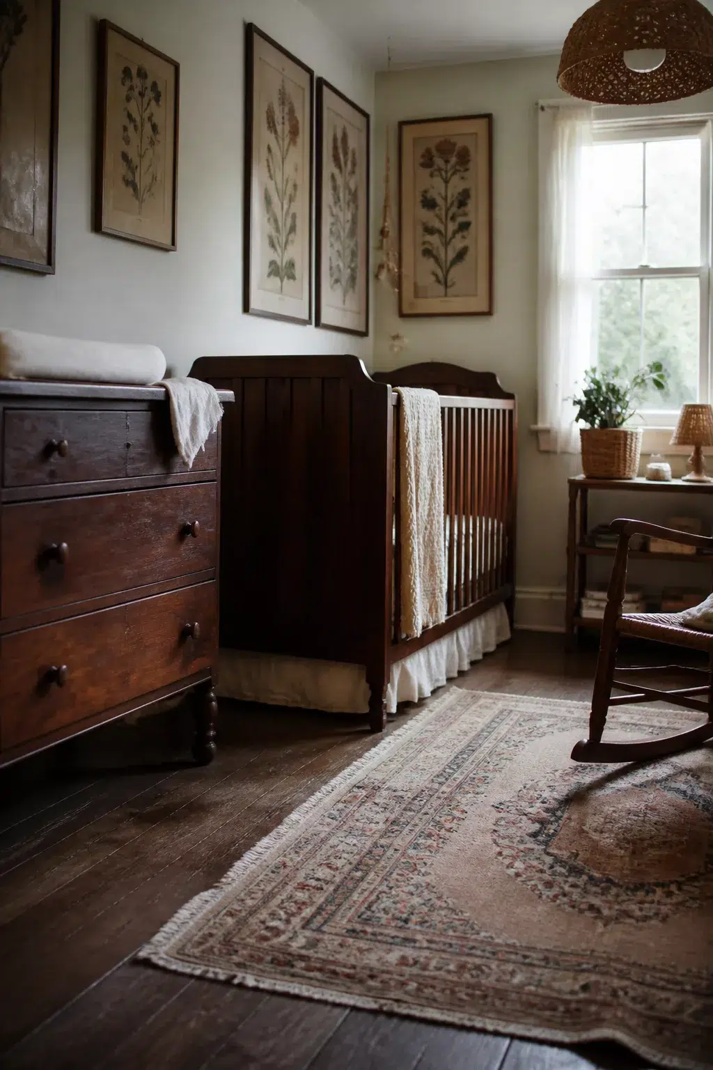 Vintage nursery design with botanical prints, dark wood crib, mahogany dresser, and worn Persian rug on hardwood floors.