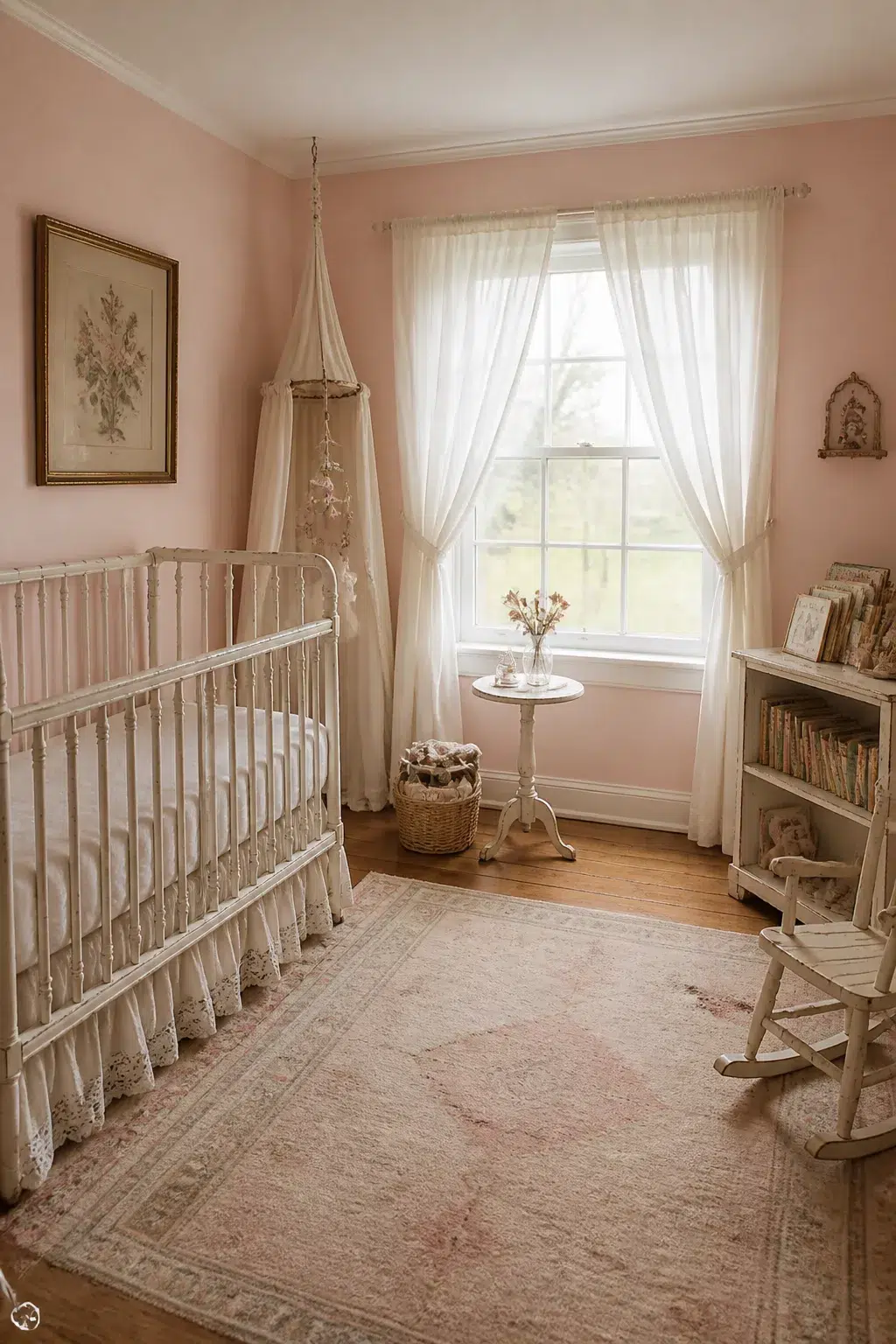 Blush pink vintage nursery design with white iron crib, ruffled skirt, Persian rug, and sheer curtains