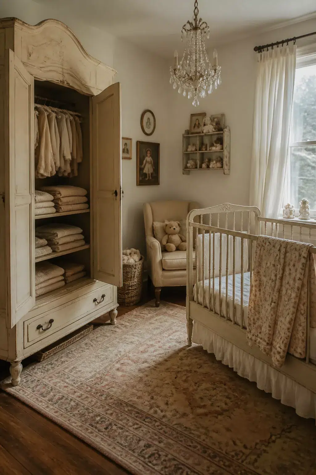 Cream vintage armoire with open shelving and crystal chandelier in a vintage nursery design
