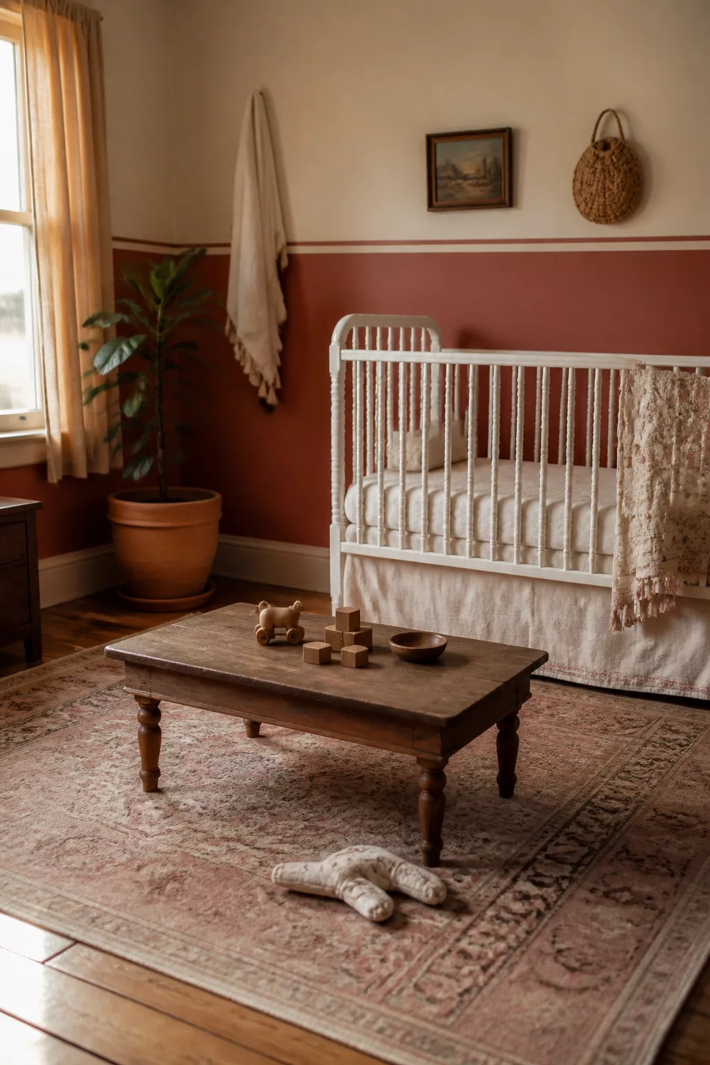 Vintage nursery design with terracotta half-wall, worn Persian rug, white crib, and wooden coffee table as play surface.