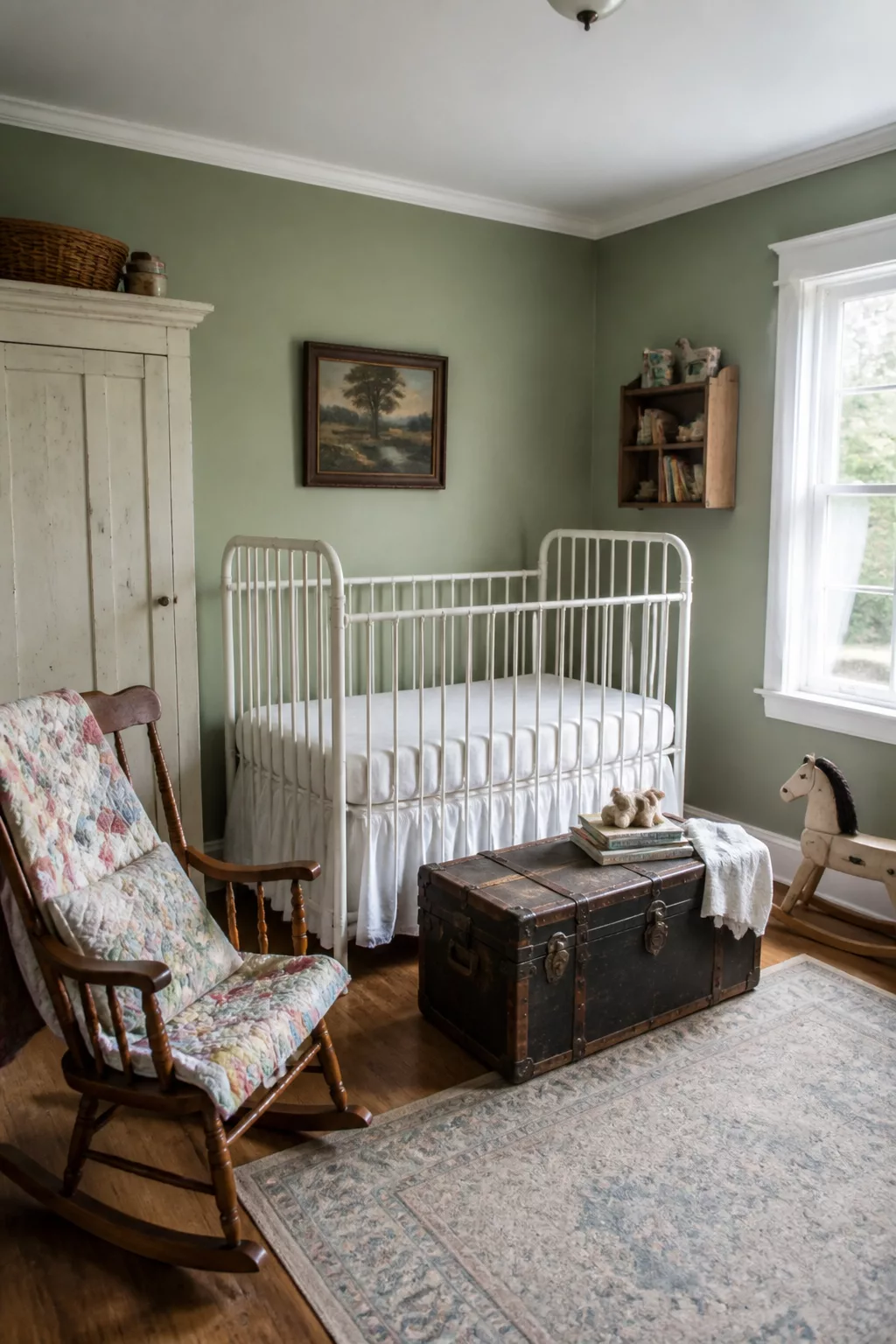 Vintage nursery design with sage green walls, antique steamer trunk toy chest, white iron crib, and rocking chair.