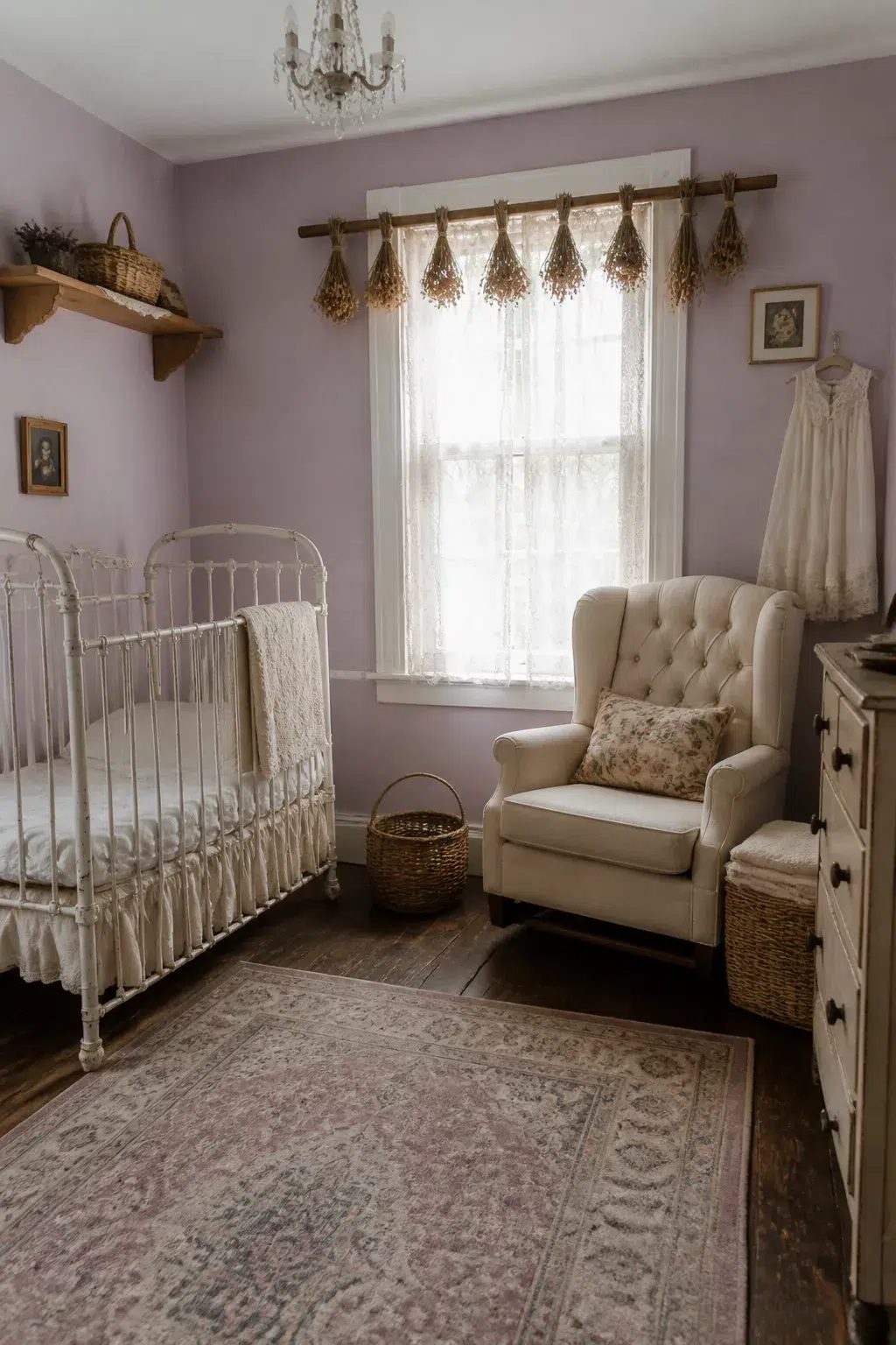 Vintage nursery design with lavender walls, dried botanical window bundles, lace curtains, iron crib, and tufted glider.