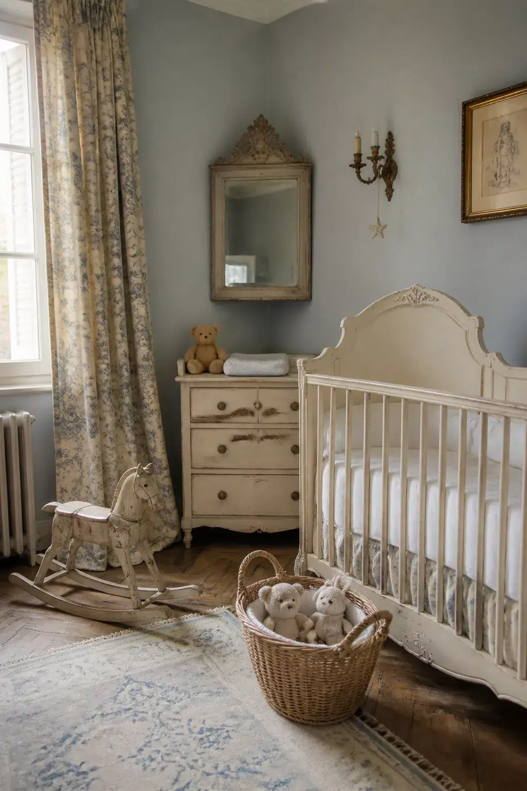 French country vintage nursery design with toile drapes, ornate carved crib, and aged dresser with gilt mirror