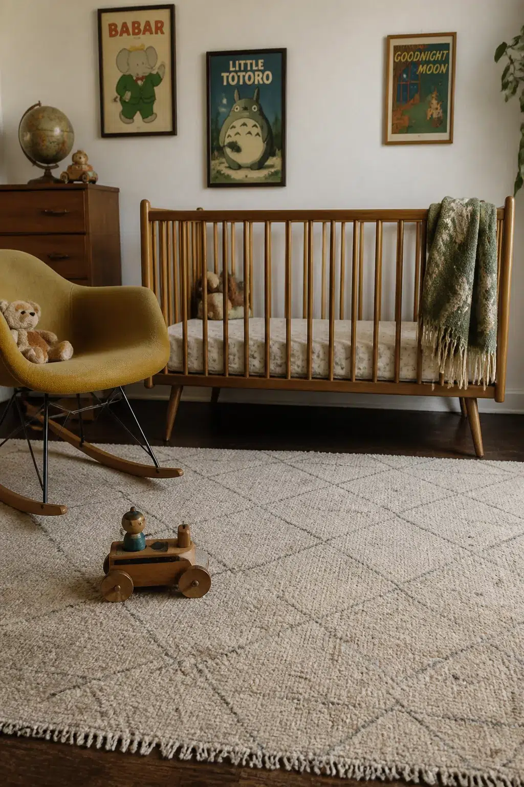 Mid-century vintage nursery design with wood crib, mustard rocker, and storybook illustration posters on white wall