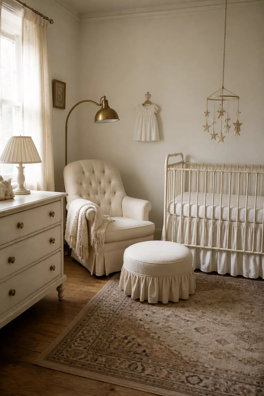 Brass floor lamp and cream tufted glider in a warm vintage nursery design with antique-style crib and star mobile
