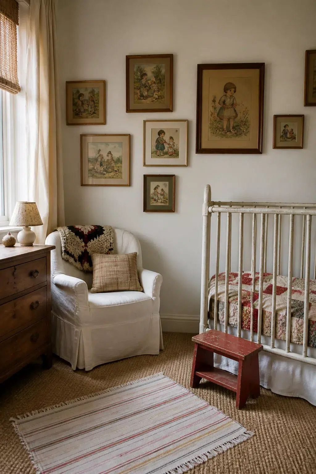 Vintage nursery design with framed children's illustration gallery wall, white iron crib, and slipcovered glider.