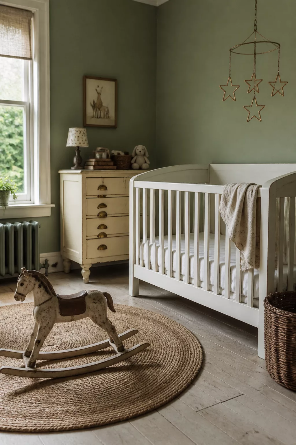 Vintage nursery design with sage green walls, wire star mobile, jute rug, and antique rocking horse.