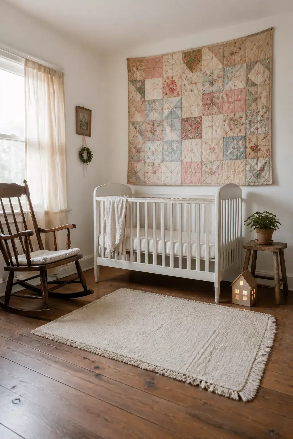 Vintage nursery design with patchwork quilt wall art, white spindle crib, and walnut rocking chair on hardwood floors.