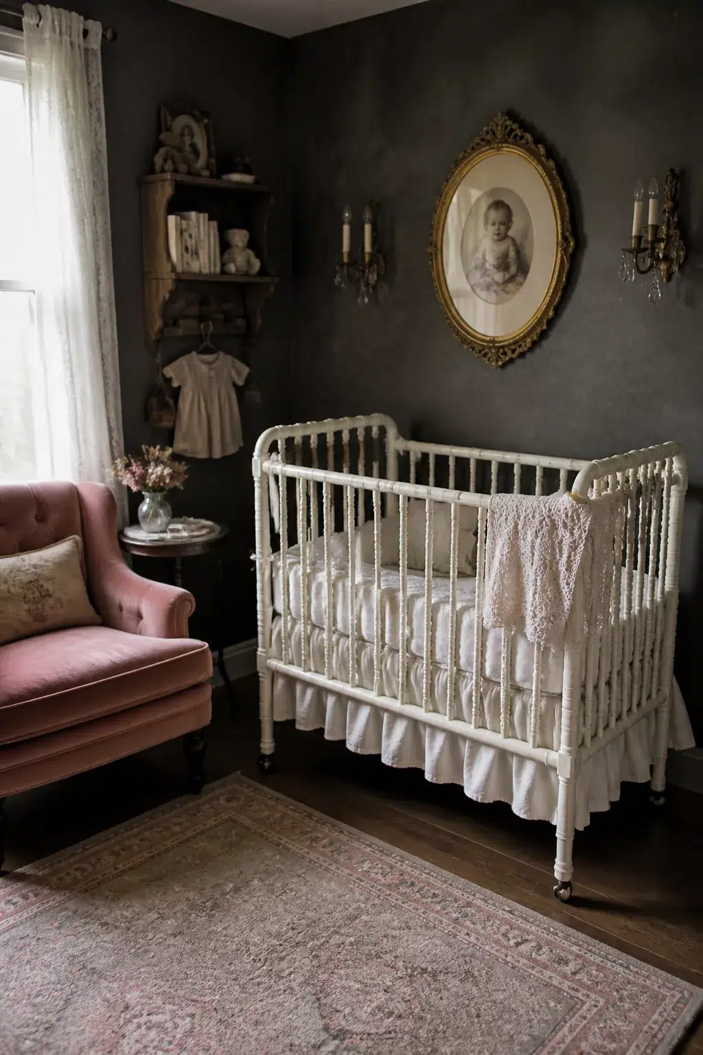 Dark charcoal vintage nursery design with gold oval portrait, white spindle crib, and pink velvet armchair