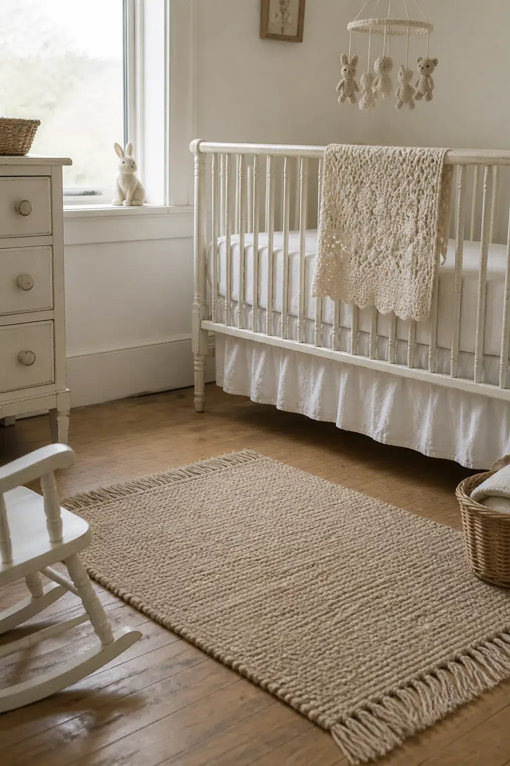 Soft white vintage nursery design with spindle crib, crocheted blanket, jute rug, and hardwood floors