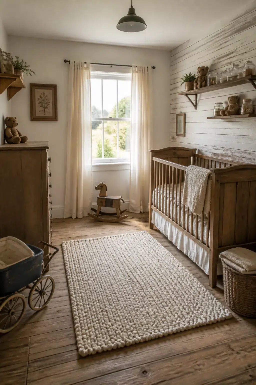 Vintage nursery design with whitewashed shiplap wall, warm wood crib, chunky knit rug, and antique rocking horse.