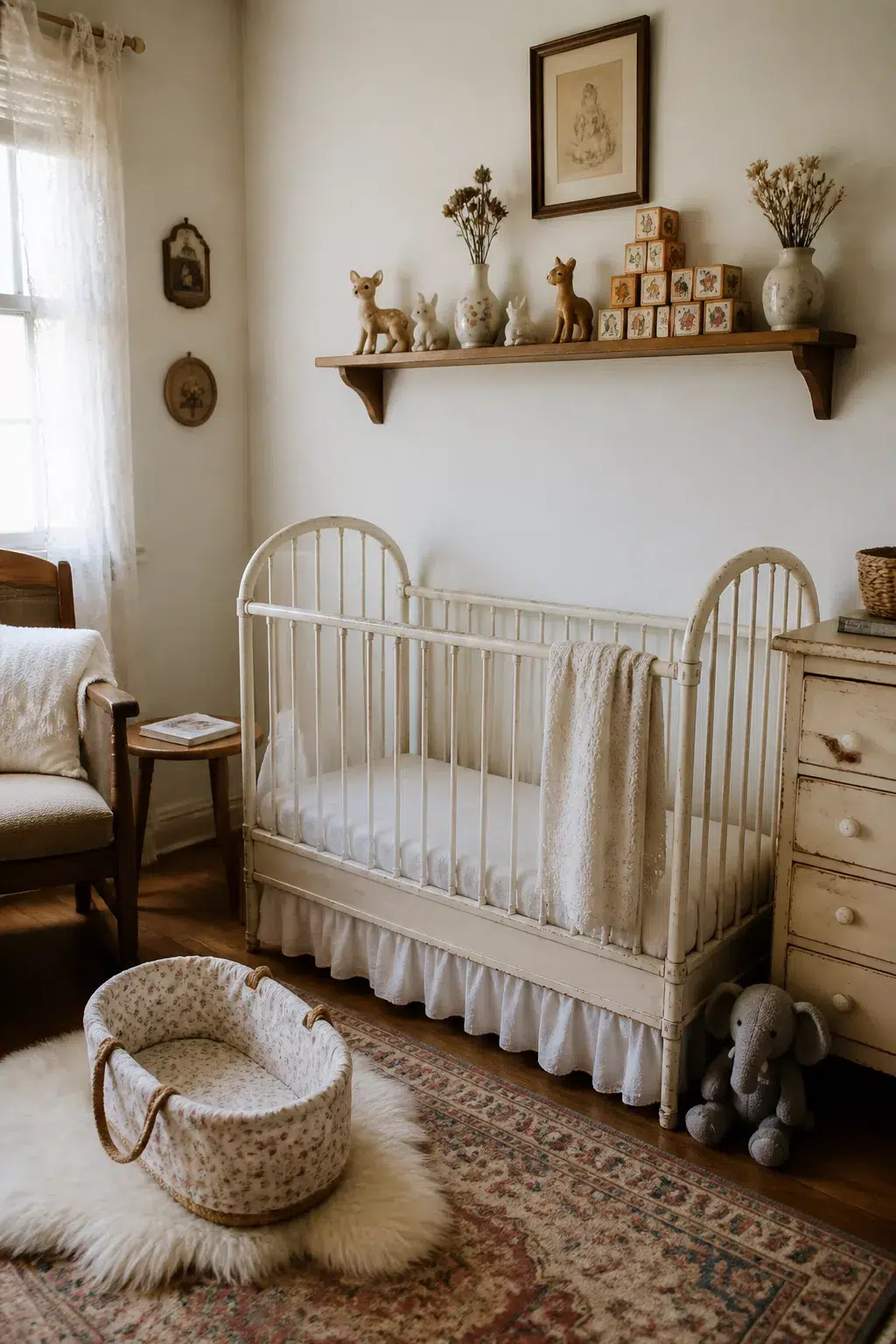 Vintage nursery design with antique ceramic vases, porcelain figurines, and wooden alphabet blocks on a floating wood shelf above a cream spindle crib.