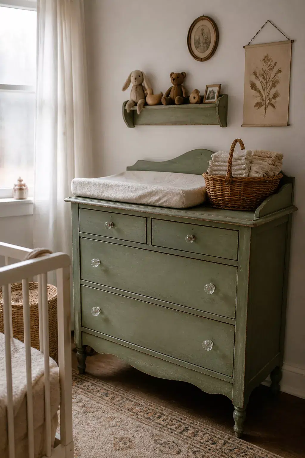 Sage green antique dresser used as a changing table in a vintage nursery design with crystal knobs and wicker basket.