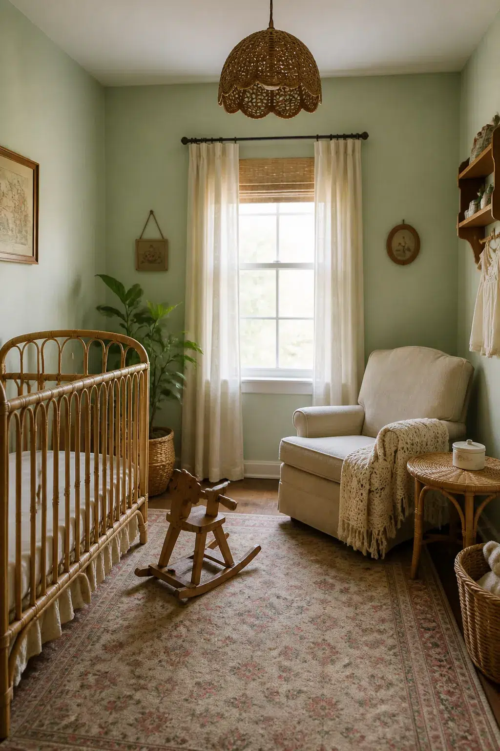 Vintage nursery design with soft mint green walls, rattan crib, woven pendant light, and rocking horse.