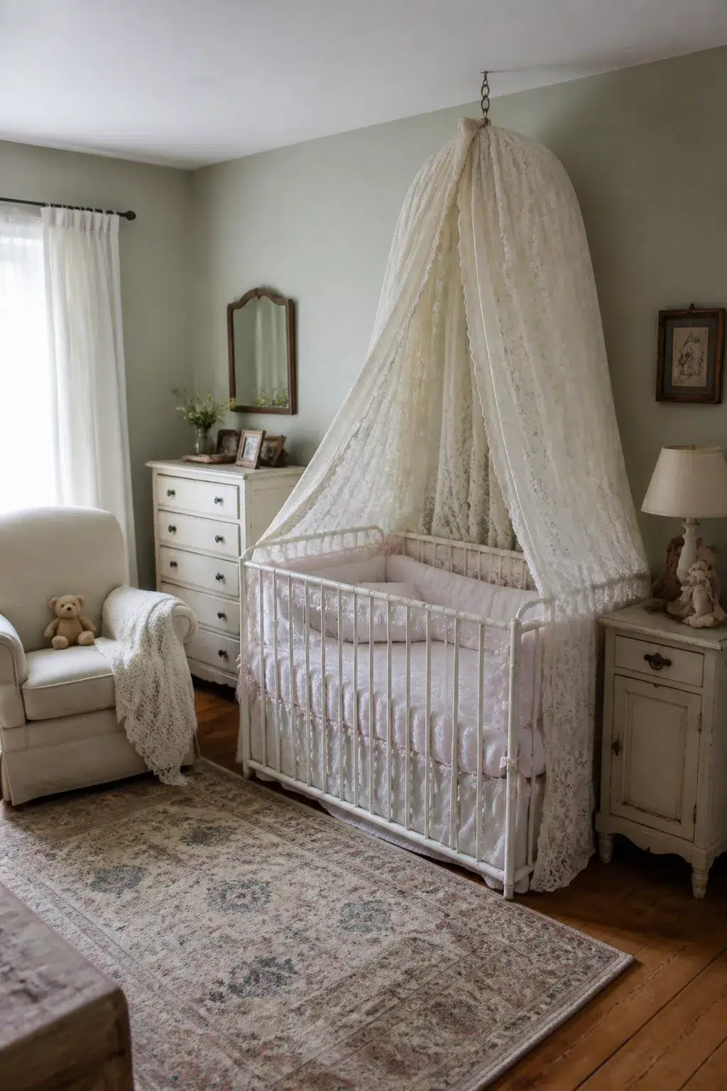 Victorian-inspired vintage nursery design with iron crib, lace ceiling canopy, sage walls, and antique furniture