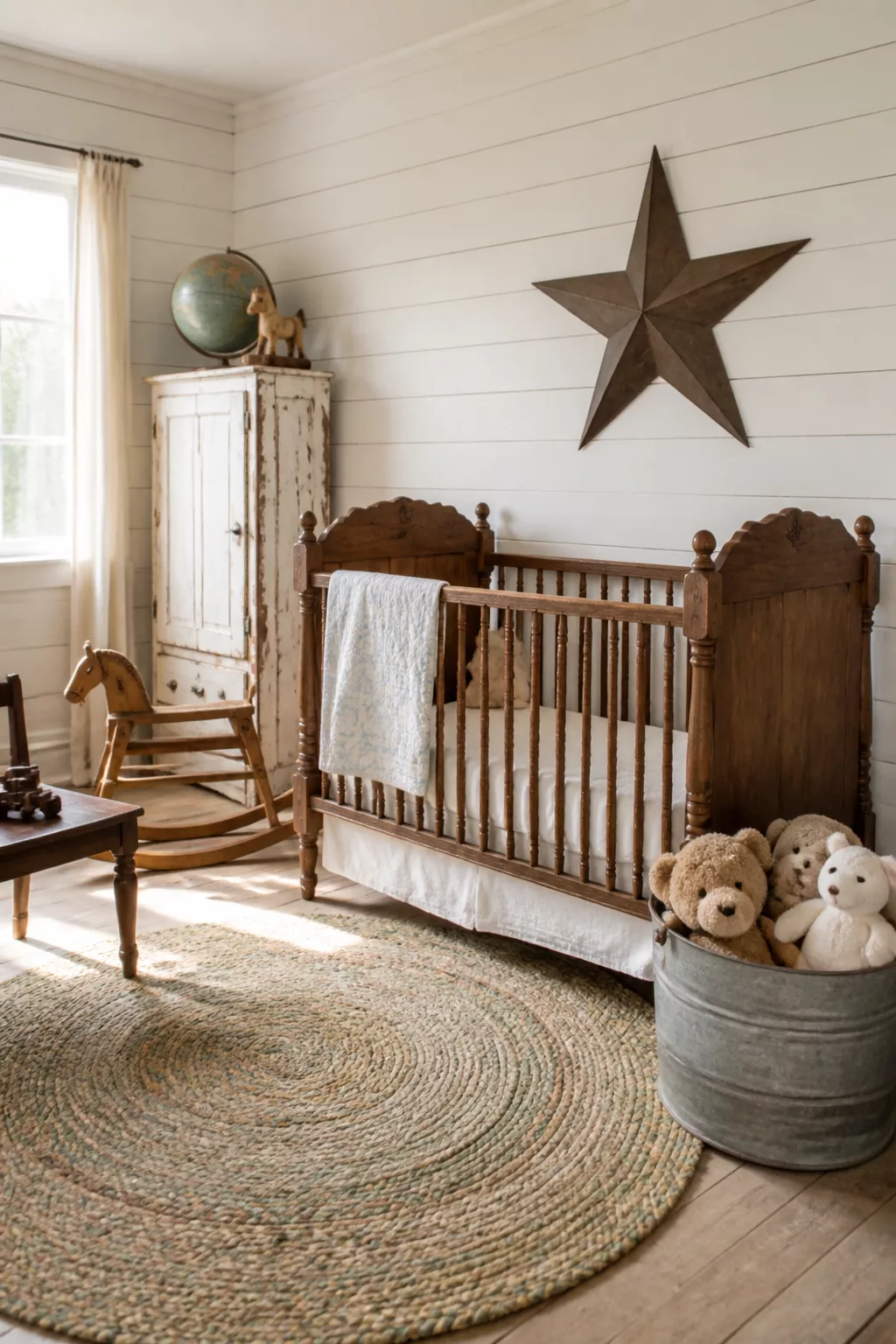 Vintage nursery design with shiplap walls, antique wood crib, barn star, jute rug, and galvanized bucket toy storage.