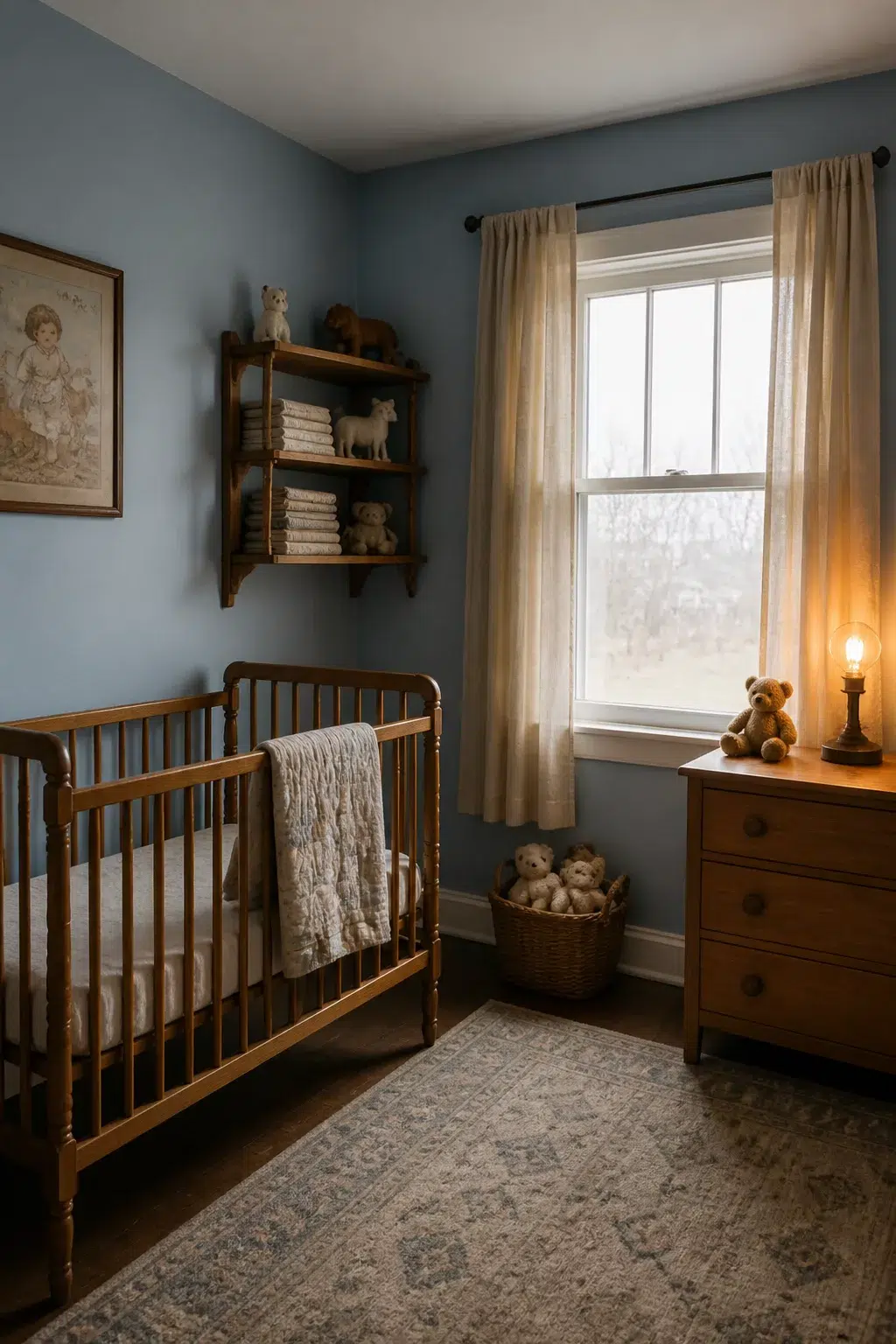 Dusty blue vintage nursery design with honey wood spindle crib, warm lamp, and woven basket of stuffed animals.