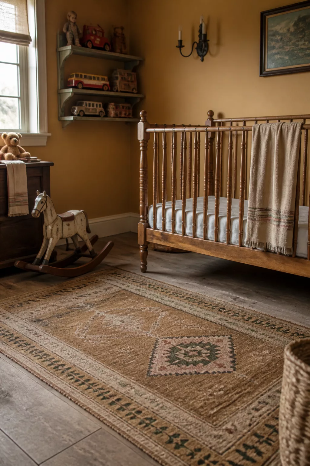 Vintage style nursery with ochre walls, spindle wood crib, kilim rug, and retro wooden toys on sage shelves.
