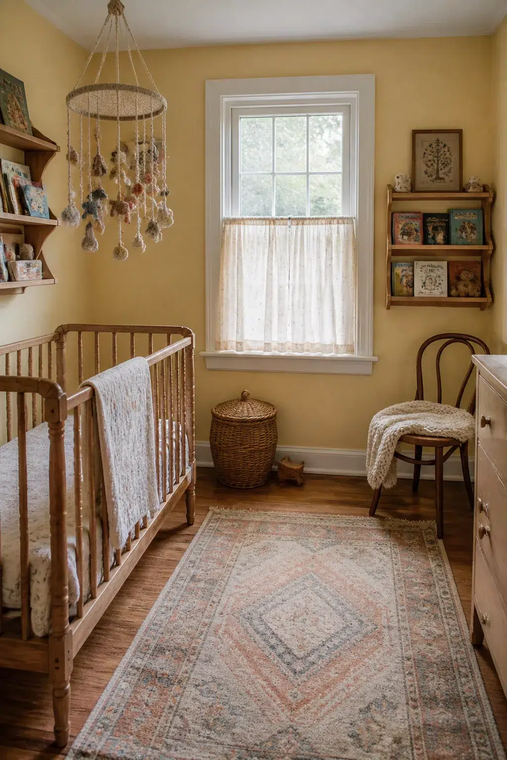Butter yellow vintage style nursery with spindle crib, antique bookshelves, lace curtain, and handmade mobile
