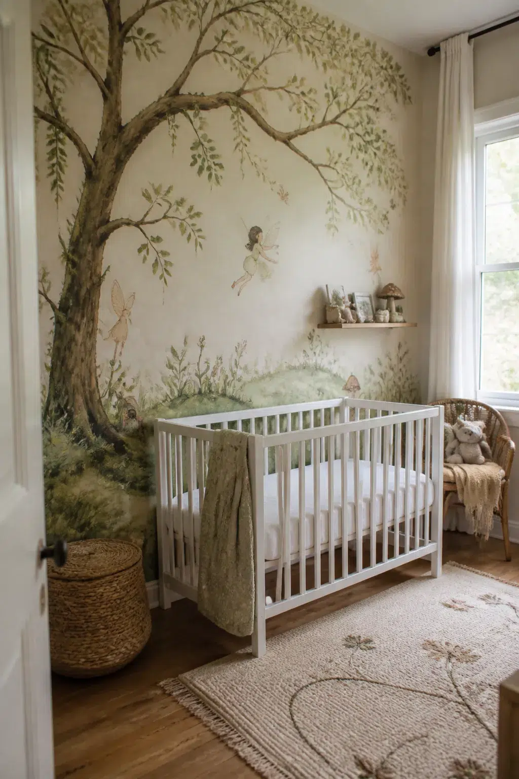 Woodland fairy nursery with hand-painted tree mural, white crib, rattan chair, and woven basket on wood floor.