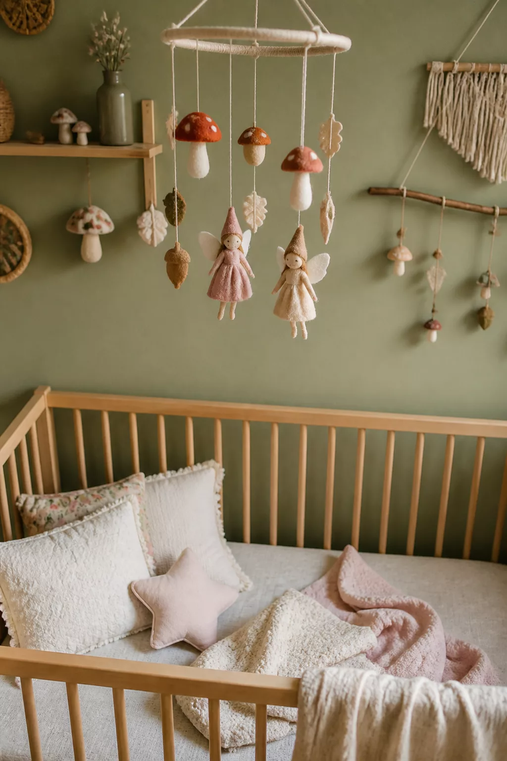 Felt mushroom and fairy crib mobile in a woodland fairy nursery with sage green walls and natural wood crib
