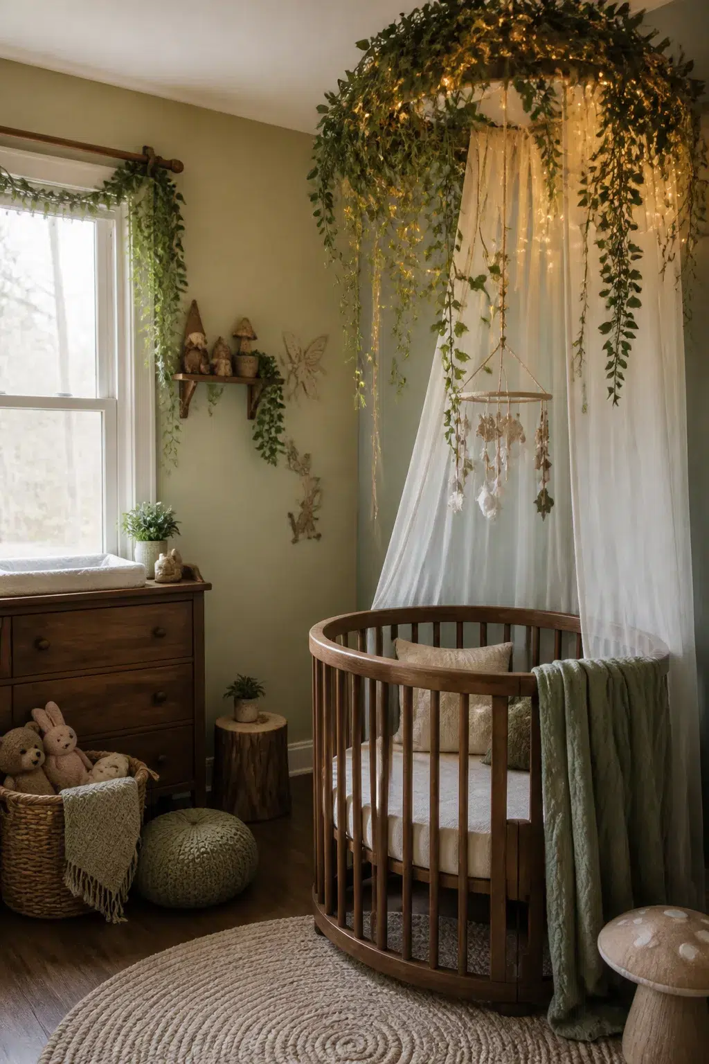 Woodland fairy nursery with round wood crib under a vine and fairy light canopy with sage green walls
